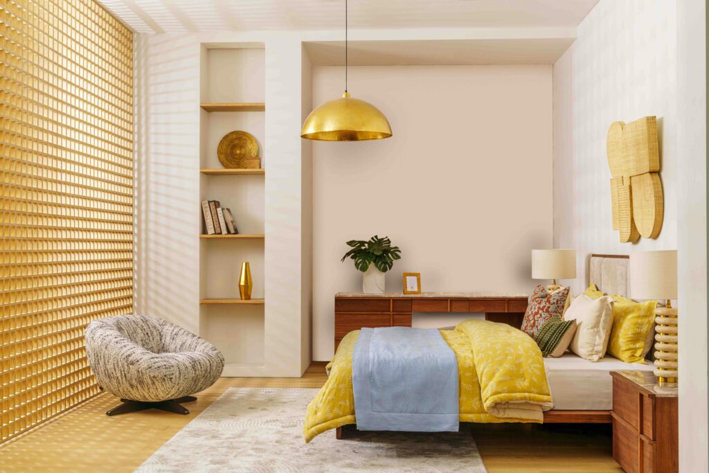 vertical corner shelf storage in small bedroom