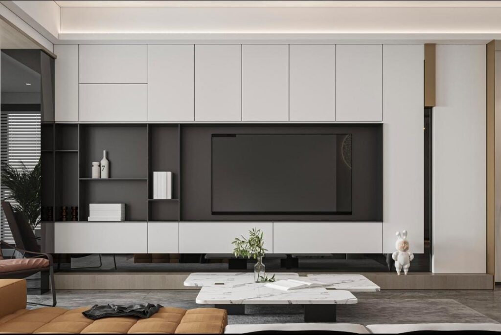 Essential minimalist living room furniture including sofa and coffee table