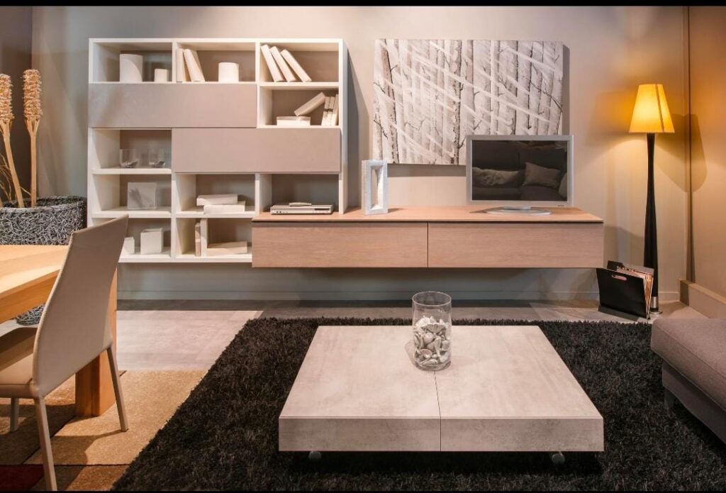 Minimalist living room with hidden storage coffee table and floating shelves