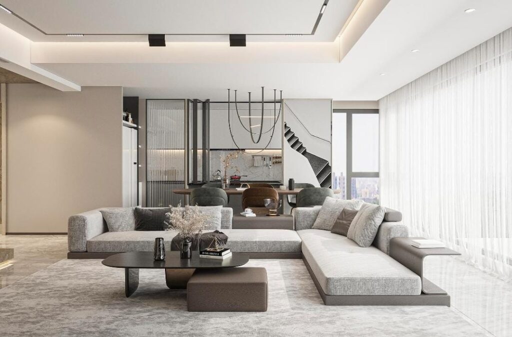 Small minimalist living room layout with open space and clean furniture placement