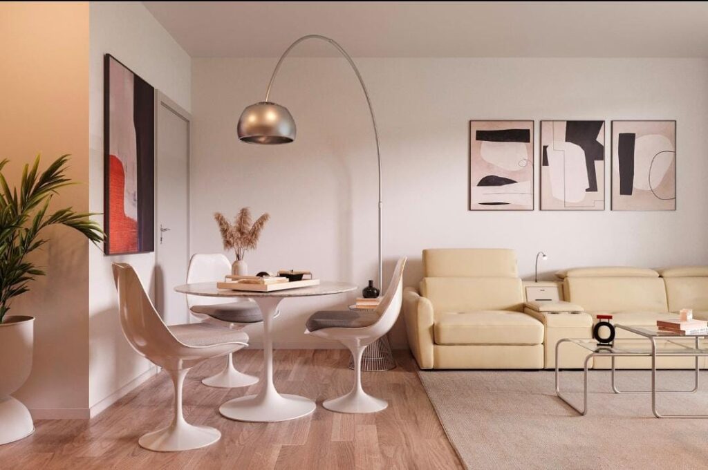 Minimalist living room lighting with modern floor lamp and warm tones