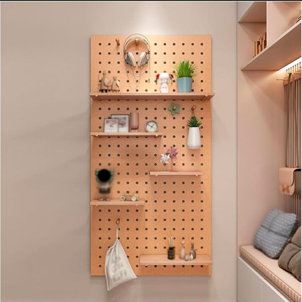 modern pegboard wall storage in small bedroom