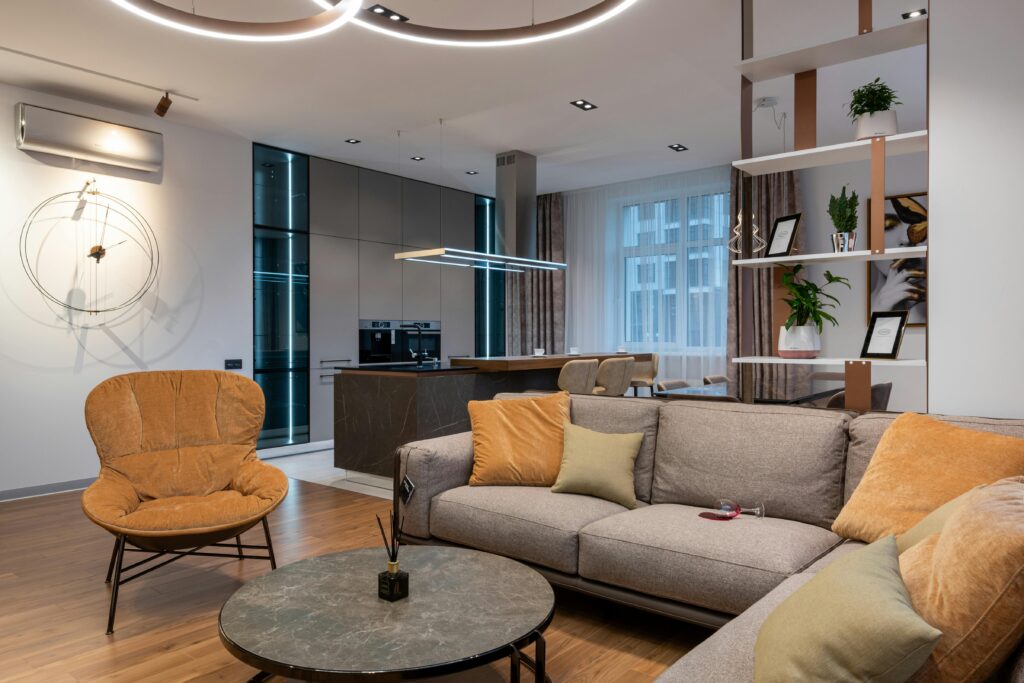 vertical storage shelves in small living room