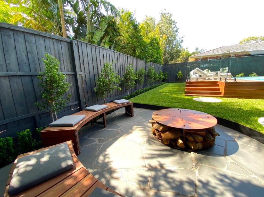 Small budget fire pit on cozy backyard patio